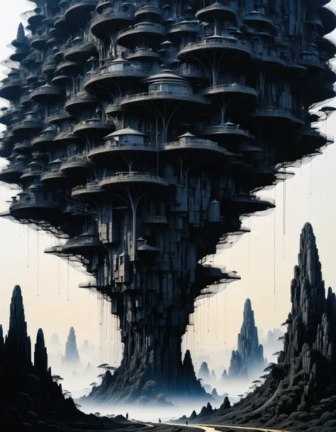professional photograph of a bizarre otherworldly landscape by  Katsuhiro Otomo and Yoji Shinkawa and TaiyÅ Matsumoto and  Jaume Plensa , bold lines, hyper detailed, dark limited palette, chiaroscuro,  (intricate details, masterpiece, best quality:1.4),
<lora:add-detail-xl:1> <lora:xl_more_art-full_v1:0.5>