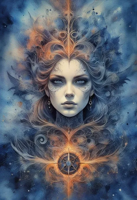 Ink and watercolor illustration on parchment. In the midst of a fantasy realm, a mysterious female. tattoos. gothic aesthetic. aggressive. witchcraft, BadDream, ral-frctlgmtry, linquivera, liiv1