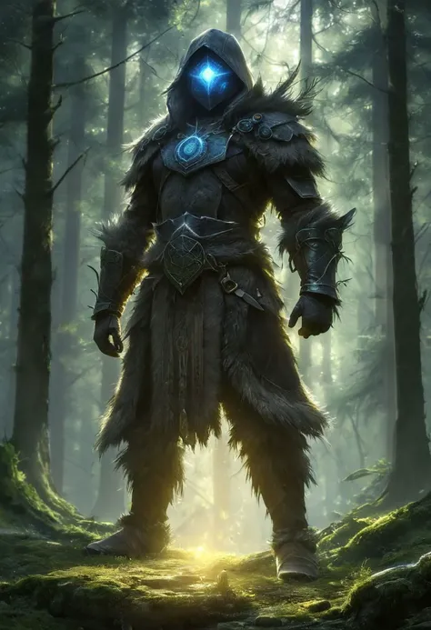 A ghostly female silhouette. Messenger of Nature God. Exiled shaman female sits on a rock, meditating. Ancient forest. Canvas hood. Canvas and leather armor. Runic circle. Elements. Power from inside. Glowing eyes. Bokeh blur. ral-dissolve.BadDream, photorealistic