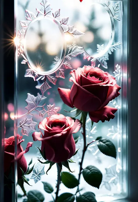 Light refracted through glass, red rose frozen in glass, depth of field, soft, iridescent border, ethereal light effect style, monochrome white graphic, minimalism, shiny pink gem metal, white background - ar 9: 16 -- original style--stylized 0