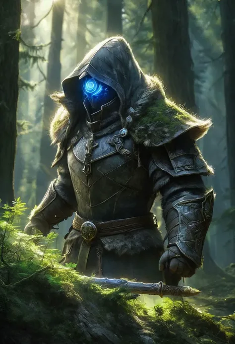 A ghostly female silhouette. Messenger of Nature God. Exiled shaman female sits on a rock, meditating. Ancient forest. Canvas hood. Canvas and leather armor. Runic circle. Elements. Power from inside. Glowing eyes. Bokeh blur. ral-dissolve.BadDream, photorealistic