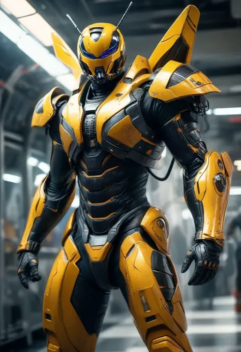 ((masterpiece: 1.2), (best quality, ultra detailed, photorealistic: 1.37) high quality, high definition, super detailed, unreal engine, ultra realistic photography, 3d, 8k, cinematic lighting, volumetric lights, hyper-realistic photography, HDR, silk, volume, ((extremely realistic photo)), professional photo, A samurai armored in a suit reminiscent of a giant hornet, with sleek, angular plates crafted to resemble the insect's exoskeleton. The helmet features menacing hornet-like antennae, and the mask is adorned with intricate designs resembling the insect's eyes. The armor's color scheme mimics the vivid yellow and black stripes of a hornet, instilling fear in adversaries on the battlefield.,warrior,(full body:1.4)