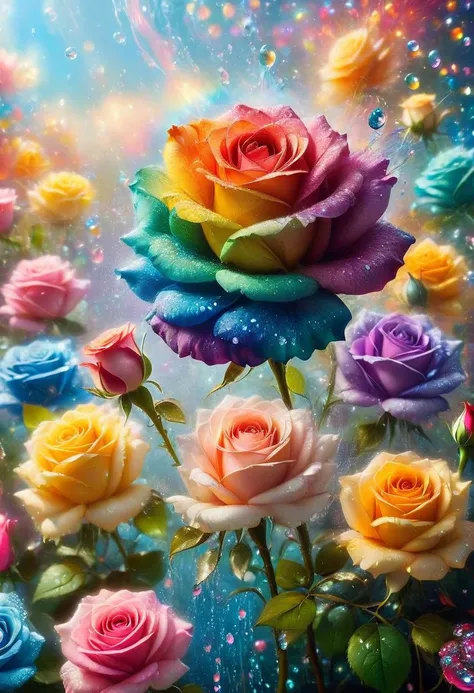 The appearance of colorful and colorful rose. The background shows rainbow-colored powder spreading like an explosion. Water droplets moistening the rose flower. It is so ridiculous that it is hard to distinguish the front, close-up photography, Ultra-detailed, ultra-realistic, full body shot,