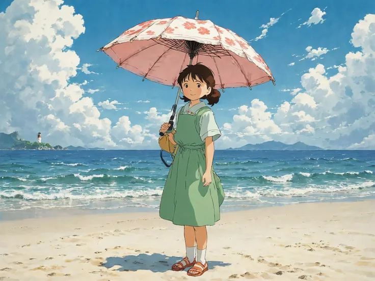 (anime, studio ghibli, handdrawn art:1.3), cinematic shot of a cute girl, 1girl, solo, three quarters shot of a cute girl standing at the beach, she is smiling and happy, holding a parasol