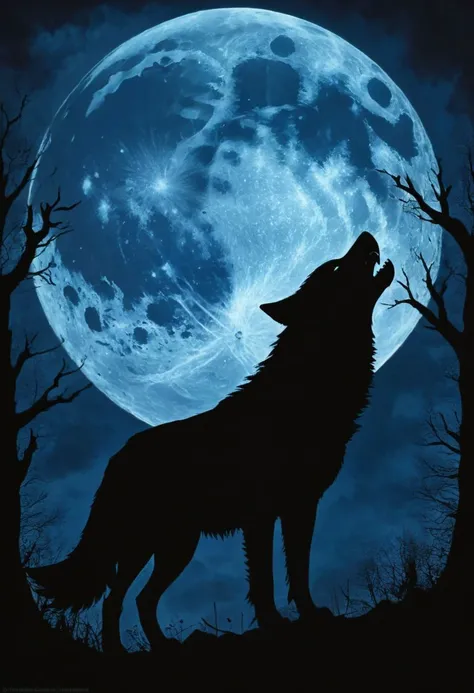 (best quality), (UHQ, high resolution), silhouette of a wolf howling, set against a backdrop of a large, blue moon. The moon is highly detailed and textured, while the wolf is entirely in shadow, creating a stark contrast.