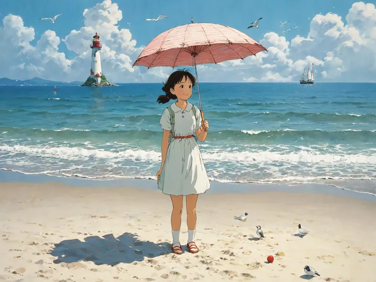(anime, studio ghibli, handdrawn art:1.3), cinematic shot of a cute girl, 1girl, solo, full body shot of a cute girl standing at the beach, she is smiling and happy, holding a parasol, lighthouse