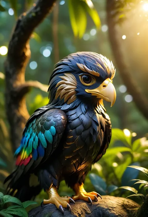 close up angle of, , ((),(3d Golden Eagle )) surrounded by jungle( ) ,animal, detailed focus, deep bokeh, beautiful, , dark cosmic background. Visually delightful , 3D,more detail XL,chibi,Rainbow kitten