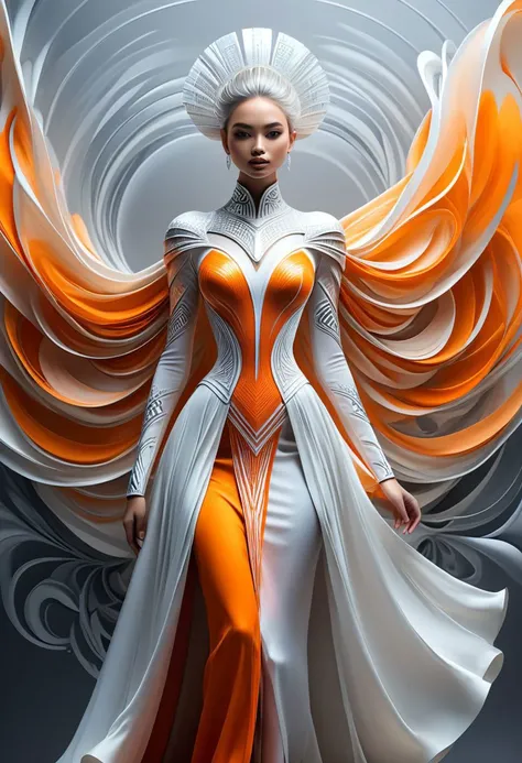 (best quality), (UHQ, high resolution), create abstract image, orange and silver colors prevaile, a beautiful woman standing in the world of geometry figures. Her dress make in cubism style, Intricate make up, Use cubism style, optical art. Ink painted,Cubist artwork
