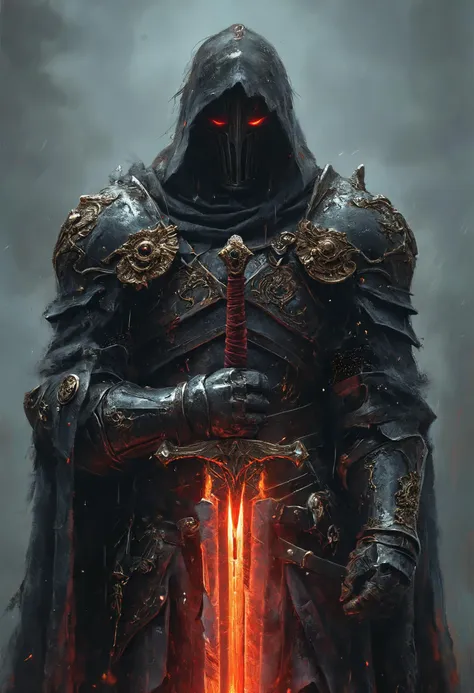 A stunning, highly detailed dark fantasy full body illustration of a proud demonic warrior wearing intricate medieval black HKStyle armor and an epic black ornamented mask, holding a great crimson glowing sword, red glooming eyes, very wide shoulders, wearing big gauntlets, epic composition. The warrior stands heroic with a flowing cloak and black hood during a storm with foggy gloom, thunderclouds in the background . The scene depicts him with brooding emotional agony , style by Greg Rutkowski, by Milo Manara and Russ Mills, with insanely intricate details and textures, gloomy dramatic lighting, 8K resolution. <lora:add-detail-xl:1> <lora:HKStyle:1> SK_Fantasy