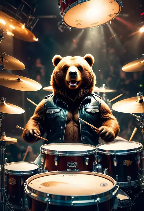 (masterpiece:1.2), (best quality,:1.2), 8k, HDR, ultra detailed, ((photorealistic)), professional light, cinematic lighting,ambient lighting,OverallDetail,
scene with a cute bear dressed as a metalhead, studded collar, torn metalhead clothes, sleeveless leather jacket, playing a drum. The bear appears animated and angry, playing drums
with chopsticks in hand, The representation is captivating, capable of evoking smiles with its playful charm.