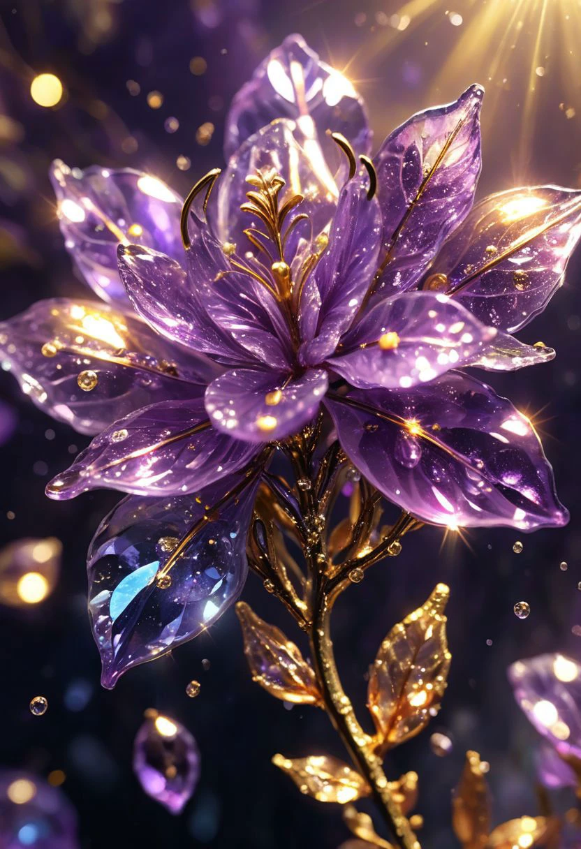 beautiful narcissistic orchid in shiny amethyst glass, stunning fully transparent, award winning, conceptual design, covered with dew drops, diamond-like on the petals and leaves, sparkles, bioluminescence, golden filigram, gold particles in the air, dreamlike landscape , hyper-detailed dynamic lighting, highly detailed triadic colors, vibrant, highly detailed, high quality, breathtaking quality, masterpiece, emotional, emotional expression, luminescent golden lines, firefly puffs, bioluminescence, patterns, complex patterns, hyperrealism,