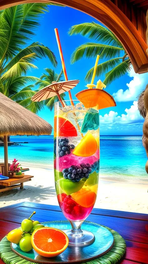 beach tiki hut bar, vibrant colored fruit floating splashing into tall glass of sparking water crystals, 8k, hdr, extremely detailed, long straw,
