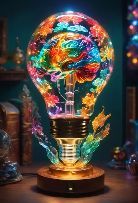 (best quality, 4k, 8k, highres, masterpiece:1.2), ultra-detailed ,illustration, a light bulb with a brain inside of it and the mystical energy comes out and radiates light around