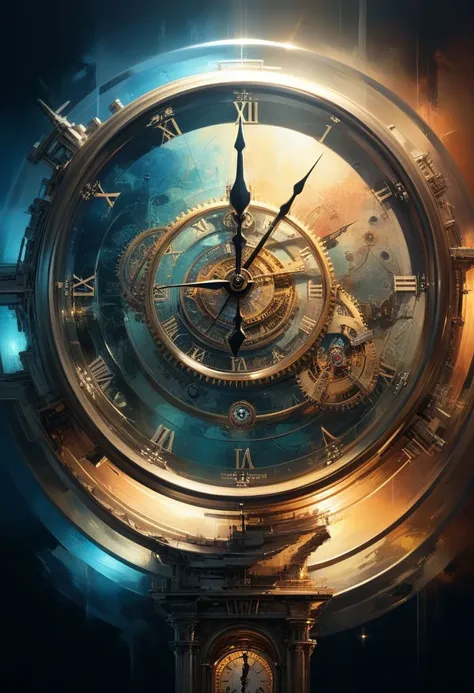 Clockpunk alchemist in the tower creating colorful landscapes,Cubism,picasso,futurism,clocks,evocative image, a masterpiece of surrealism mixed with modern art illustration, (dramatic lighting:1.1), hyperdetailed, hyperrealistic, 8k, high quality, hi res, best quality, high quality, absurd res, volumetric lighting, reflections, polished, intricate, soft warm lighting,