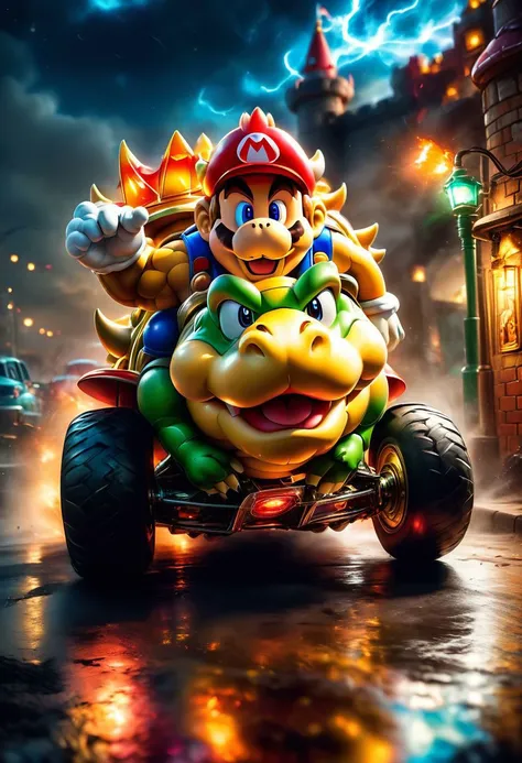(masterpiece:1.2), (best quality,:1.2), 8k, HDR, ultra detailed, ((photorealistic)), professional light, cinematic lighting,ambient lighting,OverallDetail,
Super Mario Kart 8 Deluxe style, vibrant colors and detailed textures.)) | Mario in action, driving his kart on a thrilling track in Bowser's Castle during a stormy night, while dodging lava jets and challenging obstacles.
