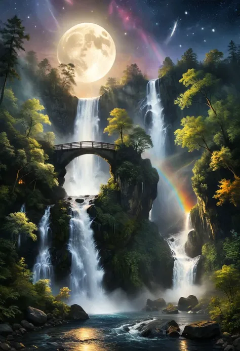 score_9, score_8_up, score_7_up, score_6_up, Unicorn, Rainbow Unicorn, Magic Forest, Night sky, moon, fireflies, waterfalls, (Masterpiece, Best Quality, 8k:1.2), (Ultra-Detailed, Highres, Extremely Detailed, Absurdres, Incredibly Absurdres, Huge Filesize:1.1), (Photorealistic:1.3), By Futurevolab, Portrait, Ultra-Realistic Illustration, Digital Painting.