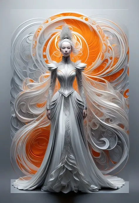 (best quality), (UHQ, high resolution), create abstract image, orange and silver colors prevaile, a beautiful woman standing in the world of geometry figures. Her dress make in cubism style, Intricate make up, Use cubism style, optical art. Ink painted,Cubist artwork