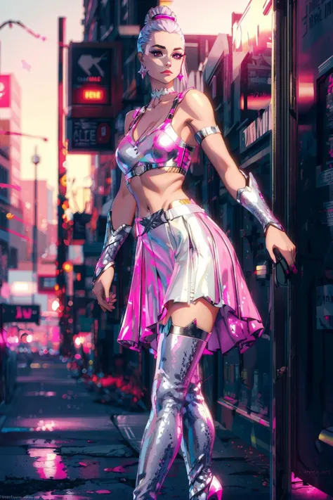 1woman, high heels, silver top, silver bra, silver skirt pink arm armor, detailed clothing texture, <lora:ariana_fortnite:0.8>