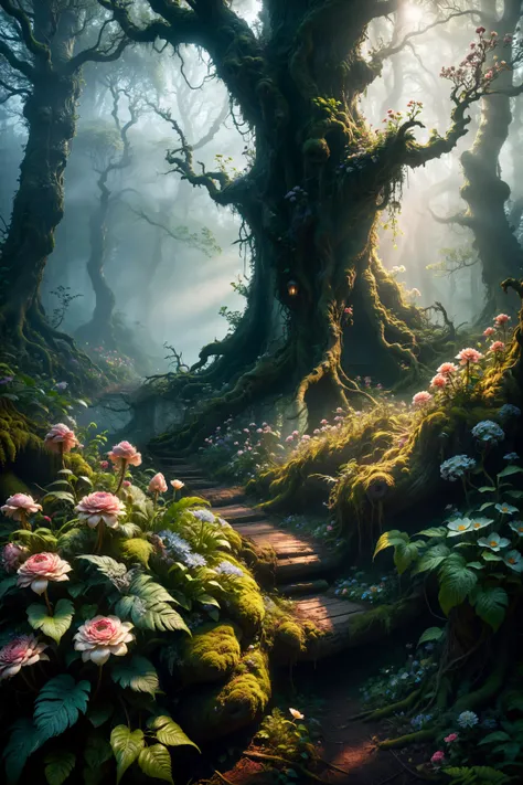 <lora:xl_more_art-full_v1:0.7> , (best quality:1.5), (intricate emotional details:1.5), (sharpen details), (ultra detailed), (cinematic lighting), magical woods, unexplained lights, fantasy, otherworldy, mist, atmospheric, flowers, plants,
