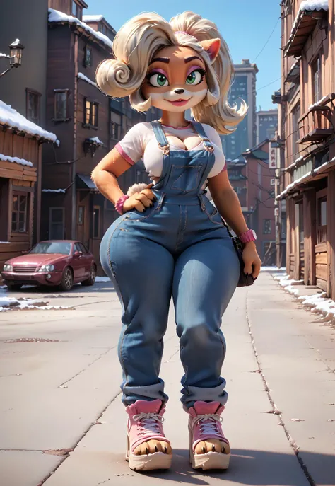 safe_pos, safe_pos, safe_pos, 3D Render Style, score_9, score_8_up, score_7_up, source_furry, 3d, solo, ((1women)), furry,1girl, coco, coco bandicoot, anthro, (coco), (tall:1.5), beige paws, paws, tail, chest tuff, thick fur, (thick lips, plump lips), pink lips, glossy lip, (big eyes:1.2), implant breast, curvaceous, buxom, narrow waist with (thicc hips:1.2), (narrow waist:1.2), round hips, bulbous hips, absurdly large hips on a slight frame, bbl, huge ass, (thick legs:1.2), (long legs:1.2), round thighs, big hair, ponytail, white shirt, crop top, shirt, cleavage, cleavage spilling out, (overalls), overalls pants, long pants, (high heel sneakers, pink sneakers, platform sneakers, (paw in sneakers, (open toe sneakers, three toes, claws, log toe claws))), full body, legs crossed, one paw on hip, one paw holding black purse, winter city street, snow, detailed fur, detailed claws, detailed boots, detailed paw, zPDXL3