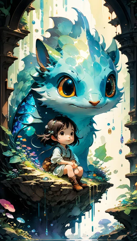 Cute watercolour fantasy illustration by Brian Kesinger, aesthetic, photorealistic, Digital Painting, very detailed high resolution, Studio Ghibli, Anime Key Visual, by Makoto Shinkai, Deep Color, Intricate, 8k resolution concept art, Natural Lighting, Beautiful Composition", Broken Glass effect, no background, stunning, something that even doesn't exist, mythical being, energy, molecular, textures, iridescent and luminescent scales, breathtaking beauty, pure perfection, divine presence, unforgettable, impressive, breathtaking beauty, Volumetric light, auras, rays, vivid colors reflects<lora:xl_more_art-full_v1:0.5>