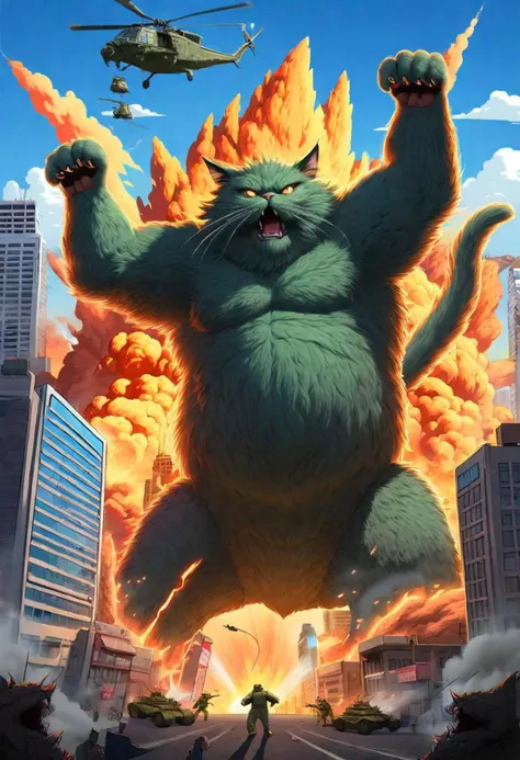 fluffy cat as a giant monster, huge, attacking a city, fires in the foreground, helicopters shooting at it, tanks, destroyed city, [Godzilla style], highly detailed, Todd Macfarlane art style, lines, shading, Monster Movie Poster, 8K art piece, perfect lines, < KATZILLA >