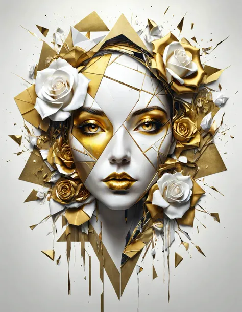 Ultra detailed artistic abstract photography of woman's face (geometrical), golden, white roses, detailed symmetric circular iris, shattered paper fragments, inspired by Alberto Seveso, abstract art style, intricate complex watercolor painting, sharp eyes, digital painting, color explosion, ink drip, mix gold and white colors, Concept art, volumetric lighting, metallic reflections, 8k, concept photography, <lora:xl_more_art-full_v1:0.4>