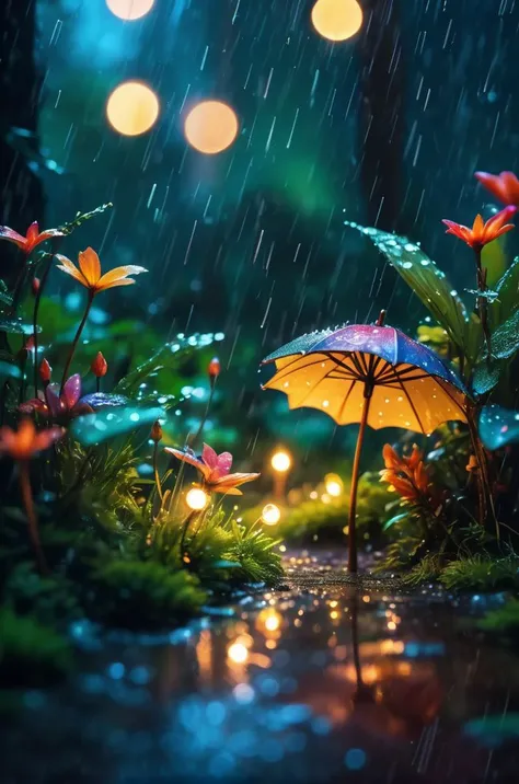 (((masterpiece))),(best quality),((ultra-detailed)),
professional,gimicalmas,35mm photograph,4k,
fairy forest in the middle of the night it's raining,lay summer,night,rain,macro_shot,
colorful details,natural lighting,amazing composition,subsurface scattering,amazing textures,soft light,bokeh,