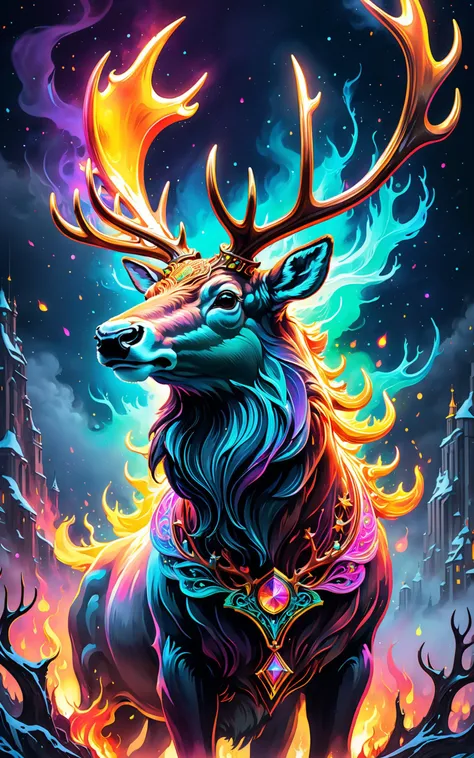 a majestic neon coloured Reindeer with massive antlers rising from flames, hyperdetailed intricately detailed Splash art trending on Artstation Alphonse Mucha, Claude Monet WLOP storybook illustration galactic fantastical space acrylic pou, intricate details, HDR, beautifully shot, hyperrealistic, sharp focus, 64 megapixels, perfect composition, high contrast, cinematic, atmospheric, moody<lora:xl_more_art-full_v1:0.5>