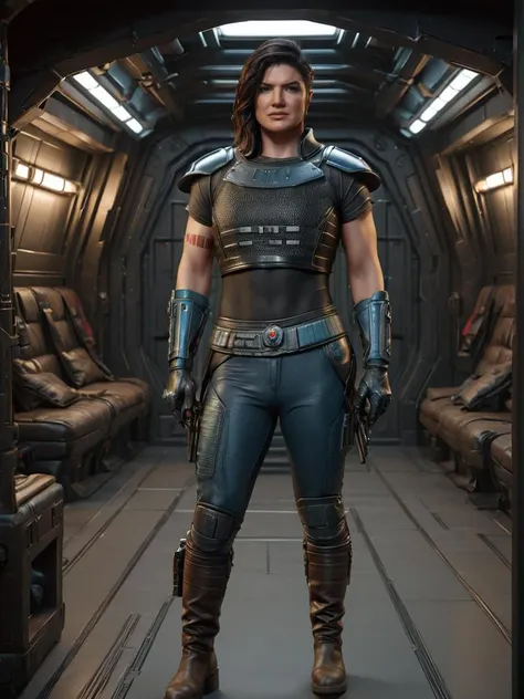 (full body1.5) shot Hyper-realistic portrait of Cara Dune <lora:Cara_Dune_Mandalorian_2:0.8> holding a weapon, Gina Carano beautiful face, sexy figure, weathered and rugged armor with brown leather boots, intense gaze, furrowed brow, dramatic shadows, worn body armor with intricate details, , (((dynamic action pose))), 8k uhd, dslr, soft lighting, high quality, background of black sci-fi spaceship corridor, intricate details, masterpiece, trending on artstation, realistic, Cinematic, epic, action packed, incredibly detailed and realistic, magnificent, vignette, high budget, bokeh, moody, sharp, highly detailed, concept art, realistic hands, dynamic pose, dynamic shotfantastic location, majestic cluttered environment, 8k unity render, action shot, skin pores, detailed, detailed face, (vibrant, photorealistic, realistic, dramatic, dark, sharp focus, 8k), (weathered damaged old worn leather outfit:1.5), (intricate:1.5), (highly detailed:1.4), octane render, sharp focus, art by artgerm, (loish:0.23) , wlop ilya kuvshinov, and greg rutkowski and alphonse mucha gracias, (global illumination, studio light, volumetric light)