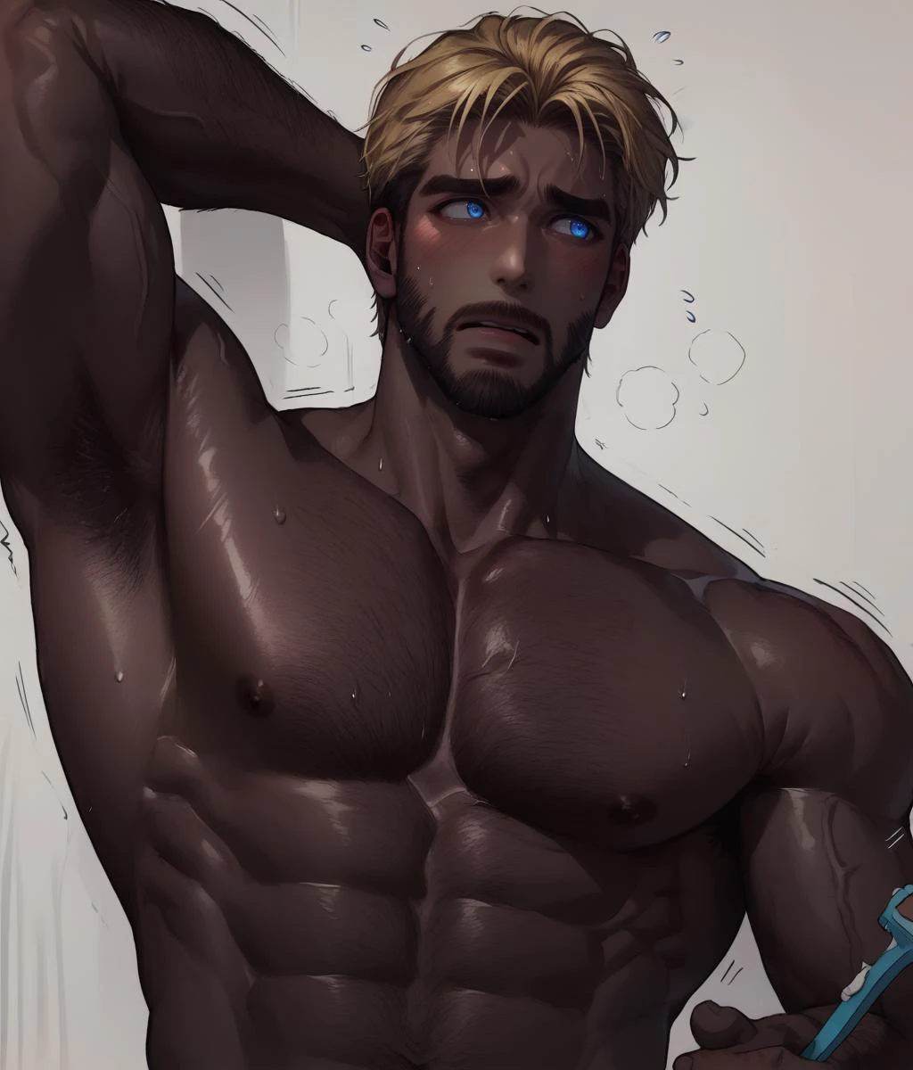 score_9, score_8_up, realistic, rating_questionable, bif, <lora:face_Hyo-Un-000012:.5>, HyoUnDOD, Hyo parted bangs, golden hair, dark skin,
blush, shy, sweatdrop, aroused, corruption, motion lines, motion blur, speed lines, aroused face, emphasis lines, sweat, heavy breathe, sweatdrop,<lora:addon_FoxAI_HAIRY_BOYS-000001:1>, beard, chest hair, leg hair, arm hair, armpit hair,
<lora:4rmpt5h4v1ng_pony:.8>, 4rmpt5h4v1ng, holding razor, upper body, looking away from viewer, nervous, upper body, nude, sweat, armpits, arm up, arm behind head, presenting armpit, armpit hair,
glossy skin, muscular male, handsome, body hair, stubble, bara, mature, blue eyes, body hair, hairy body,
<lora:egg_leonard-04:.4><lora:style_Concept Art DarkSide Style LoRA_Pony XL v6:1><lora:slider_StS_Skin_Tone_Slider:-2><lora:slider_Body Type_alpha1.0_rank4_noxattn_last:1>,