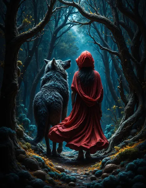 fantasy art, color, romantic, mystical, a wolf walks in the forest with red riding hood, stardust, photo realism, professional photoshoot, high detailing <lora:FluxDFaeTasticDetails:0.5> <lora:fluxenhancer:0.8>