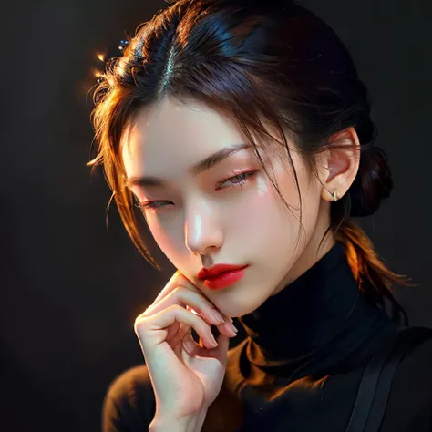 (RAW photo, highest quality, absurdres, SIGMA 85mm f1.4), (extreme close-up of a beautiful lady, she is in love with viewer, seductive, intimate), warm lighting, cool lighting, impressive mixture of color lighting, looking at viewer, black turtleneck, (love :1.2), smile, hand on her face, blurred background, french braid ponytail, masterful use of lighting and shadows, professional lighting <lora:OC:0.15> <lora:liuli3-000005_0.5_EXCEPTFACE+liuli2_0.3:0.4> <lora:epi_noiseoffset2:1> <lora:detailed_eye:0.3>