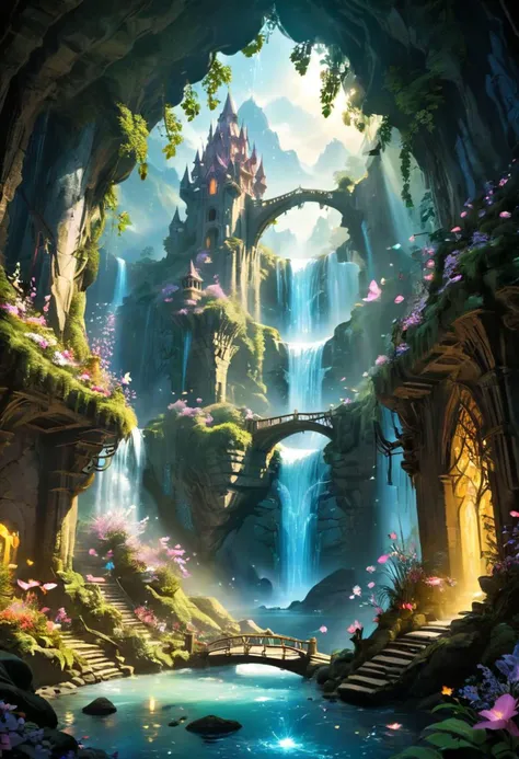 a hidden fantasy world with magical creatures,majestic landscapes,enchanted forests,sprawling mountains,mystical rivers,mythical creatures,elaborate castles,glistening waterfalls,breathtaking sunsets,ethereal lighting,dreamlike colors,pixie dust,whimsical atmosphere,vibrant flora and fauna,ancient ruins,secret pathways,timeless beauty,ethereal mist,spellbinding charm,enchanted waterfalls,serene lakes,celestial moonlight,enchanted flowers,luminous fireflies,dancing fairies,majestic unicorns,soaring dragons,mysterious caves,magical portals,enchanted whispers,ancient prophecies,whispering trees,glowing crystals,endless adventures,infinite possibilities, vivid colors, graphic novel illustration