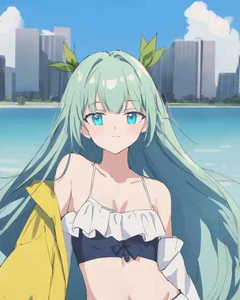 Beautiful girl, hot girl, detailed face, detailed eyes, detailed hair, detailed body, small boobs, change background, 8k, realistic, ultra realistic, ((she is naked)) visible panties, visible swimsuit, ((sge us wet)) green hair