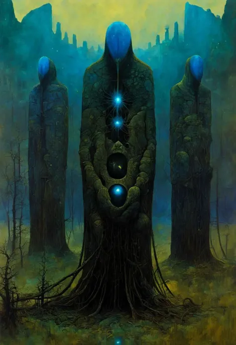 digital artwork of a {fusion of the natural and the surreal in a world of balance between wildlife and technology. Mysterious machines and enigmatic creatures lurk amidst dense foliage and serene lakes. Retrofuturistic technologies set notes of melancholy, making us think about mystical experiences, in a personal interpretation of their narrative}, By (Zdzislaw Beksinski:1.36), detailed background, masterpice, trending on artstation, best quality, 4k textures, ultra detailed