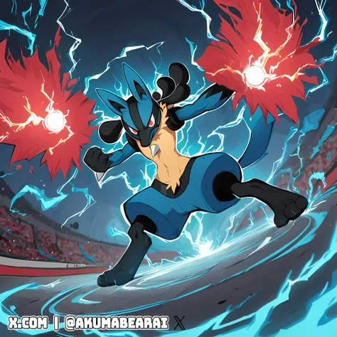 score_9, score_8_up, score_7_up, (source_cartoon) BREAK 2k, 4k, 2d (artwork), high res, outstanding quality, (photorealistic:0.6), pokemon stadium, Pokémon (series), lucario, red eyes, pokemon \(creature\), black fur, blue fur, body fur, furry, snout, spikes, wolf tail, 3 fingers, 3 toes standing, angry look, angry, (fighting stance:1.2), auralora, sparks, electricity, blue electricity, electricity on body, blue aura, blue energy, Aura, energy, glowing, swirling energy, (dynamic pose) <lora:NebulaNoir:0.5> multicolored, glowing, BREAK <lora:Aura_r1:0.2> <lora:add_details_xl:0.3> <lora:lucario:1> <lora:Aura_P1:0.2>