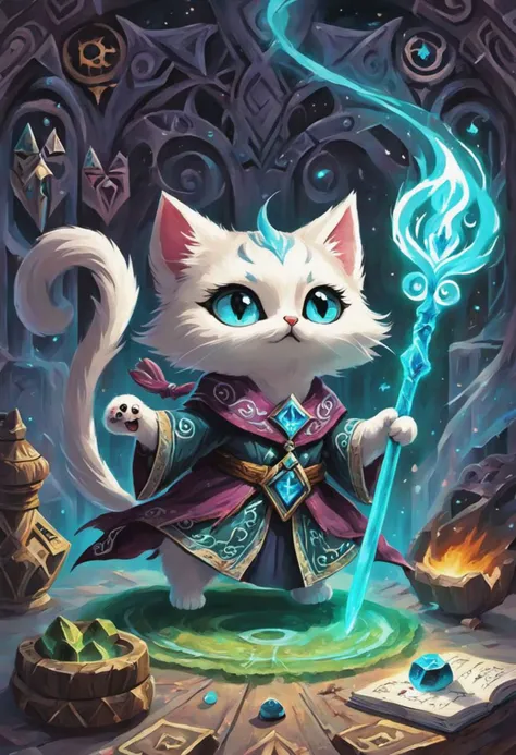 artwork of a {An enchanting image featuring an adorable kitten necromancer wearing intricate ancient robes, holding an ancient staff, hard at work in her fantastical workshop, intricate runic symbols swirling around her, it's clear that she's busy casting a powerful spell. Her fluffy tail sways gently as she concentrates on the task at hand, adding to the whimsical atmosphere of this magical scene. The soft lighting and detailed surroundings create an immersive environment where imagination runs wild. This charming artwork is sure to delight fans of both kittens and fantasy worlds alike, transporting them into a realm filled with wonder and possibility, by (artem demura:1.36)}, by (artem demura:1.36), detailed background, masterpice, trending on artstation, best quality, 4k textures, ultra detailed