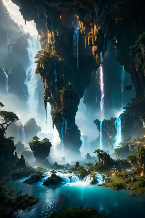 <lora:xl_more_art-full_v1:0.7> , (best quality:1.5), (intricate emotional details:1.5), (sharpen details), (ultra detailed), (cinematic lighting), floating isles landscapes, waterfalls, otherworldly, magical lights, foreign planet, dusk, mysterious
