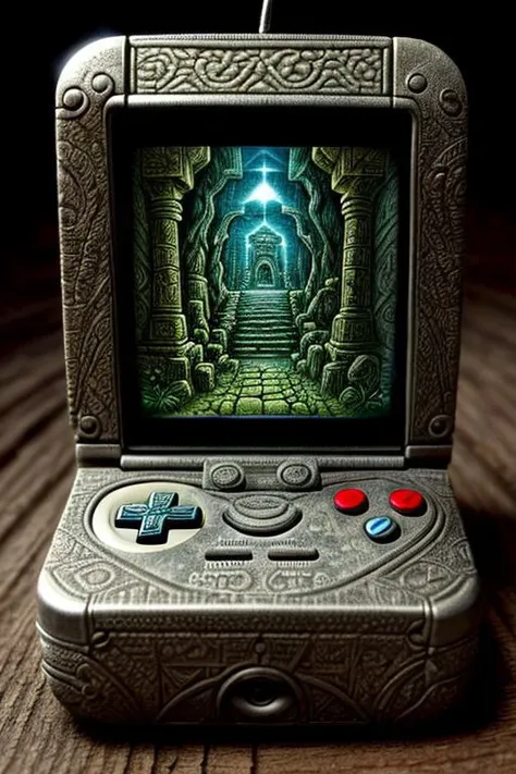 (masterpiece),intricate details, a gameboy one a stone altar, ((indiana jones movie background)),