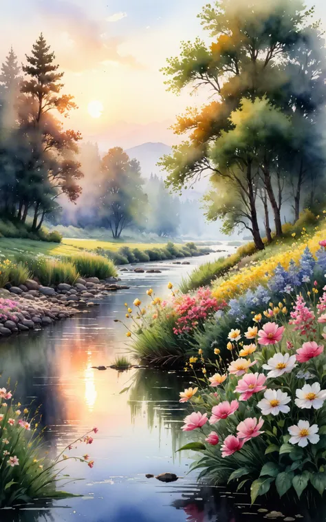 Beautiful landscape, dawn, flowers, river, trees, Watercolor, trending on artstation, sharp focus, studio photo, intricate details, highly detailed, by greg rutkowski<lora:xl_more_art-full_v1:0.5>