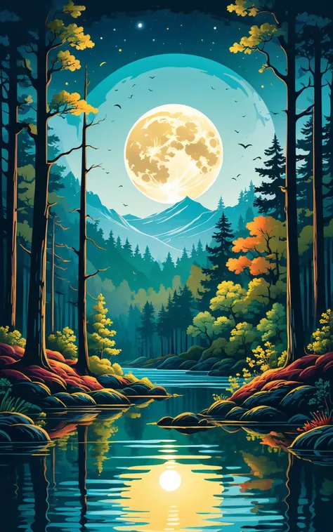 a bookmark showcasing rippling water in a forest, depicted in a detailed illustration style. The artwork captures the moonlit water, accentuated by the reflection of the moon above. Rich and vibrant colors intensify the moonlit ambiance. The lighting casts dramatic shadows, enhancing the depth and texture of the scene. Pro vector, perfect MINIMALISTIC art HIGH QUALITY details, Ultra high details, full design, victoria, vibrant vector, deep lines, heavy strokes<lora:xl_more_art-full_v1:0.5>