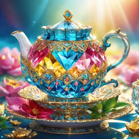 landscape,,,blue,yellow,red,white,pink,cyan,green,gleaming diamond tea with golden accents, radiating light, amidst brilliance, symetrical hyperdetailed texture, pearl filigree, concept art, artstation, perfect composition, masterpiece, glittering professional photography, macro, natural lighting, canon lens, shot on dslr 64 megapixels sharp focus ethereal,happy,sky,flower,water,electronic,holography,chair,
