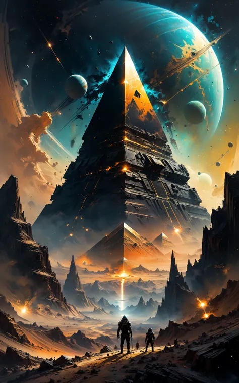 Space fantasy, one huge Black Pyramid against the background of another planet - a gas giant. dark_background painted with large brushstrokes "Paint Splatter" by Jeremy Mann, Pino Daheny, Alexa Maleeva, Liz Gael, masterpiece popular on artstation, splash, highly detailed intricate graffiti, Liam Wong, poster art, paint splatter, 32k resolution, crisp focus<lora:xl_more_art-full_v1:0.5>
