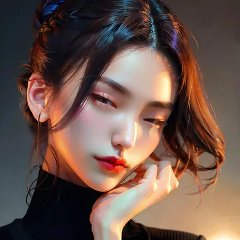 (RAW photo, highest quality, absurdres, SIGMA 85mm f1.4), (extreme close-up of a beautiful lady, she is in love with viewer, seductive, intimate), warm lighting, cool lighting, impressive mixture of color lighting, looking at viewer, black turtleneck, (love :1.2), smile, hand on her face, blurred background, french braid ponytail, masterful use of lighting and shadows, professional lighting <lora:OC:0.15> <lora:liuli3-000005_0.5_EXCEPTFACE+liuli2_0.3:0.4> <lora:epi_noiseoffset2:1> <lora:detailed_eye:0.3>