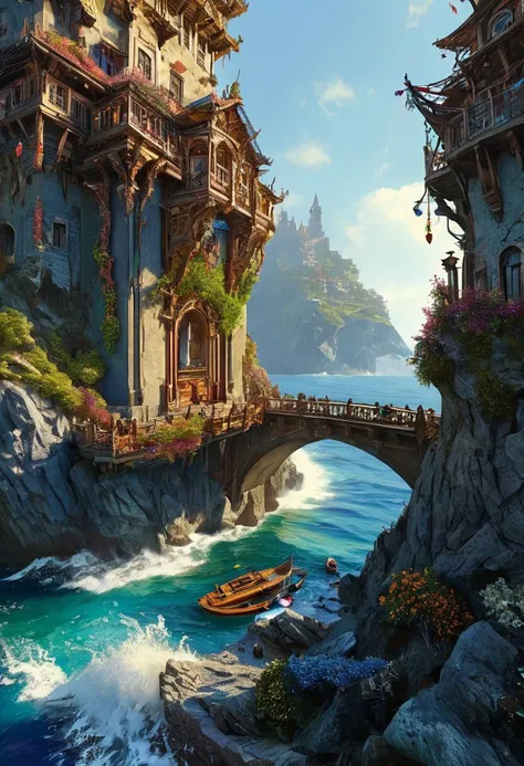 An establishing shot of a fantasy supertower dungeon with focus on an extremely detailed panoramic background view of a vast ocean with towering backlit breaking waves, sea spray, and mist, and megastructures on the horizon. Intriguing stunning mysterious epic magical fantasy scene. Hyperrealistic, mixed media, ultra-detailed, ray-traced, award-winning, light leaks, lens flare, volumetric light scattering, subsurface scattering, implied motion, deep depth of field, colorful, complementary colors, color graded