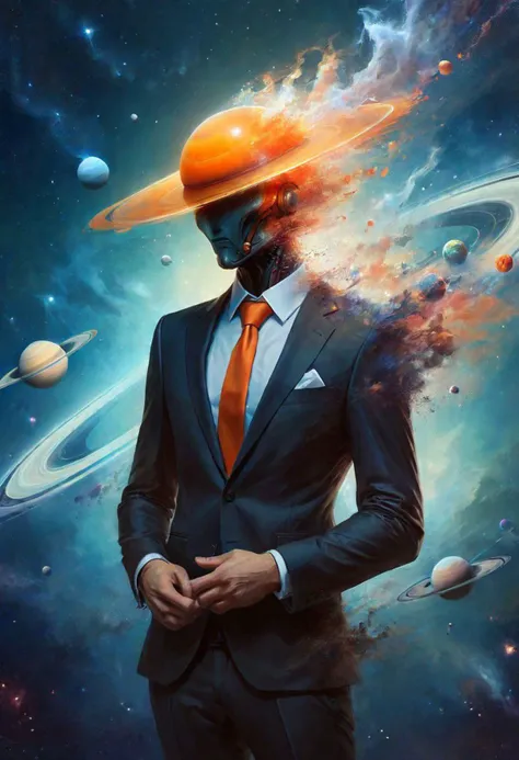 a man in a suit with a Saturn instead of his head, a surrealist painting, by Eglon van der Neer, unsplash, artwork in the style of guweiz, suit and tie, head and waist potrait, without eyes, with a big head, faceless people, head as a planet, professional profile picture, orange halo, ral-dissolve