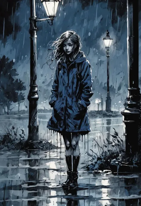 Ink illustration, inkpunk, inked, girl waiting, bleak, ink splashes, ink spots, ink smears, evoking loneliness and solitude, bold strokes, ink illustration, torrential thunderstorm, very windy, night, very dark, water splashing, water spraying, vision obscured, gray and black and dark blue tones, desolate, lamppost, puddles, distant headlights