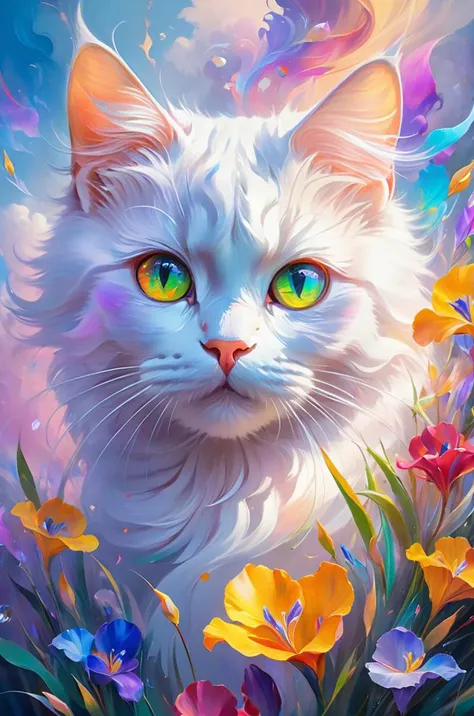 (((masterpiece))),(((best quality))),((ultra-detailed)),
Abstract style cute,smoke,in the sky,colorful and vibrant,mystical colors,contemporary impressionism,yanjun cheng portrait painting,iridescent perspective view,low angle,sweeping circling composition,large beautiful crystal eyes,big irises,UHD,HDR,8K,the most beautiful portrait in the world,white little cat,Non-representational,colors and shapes,expression of feelings,imaginative,
