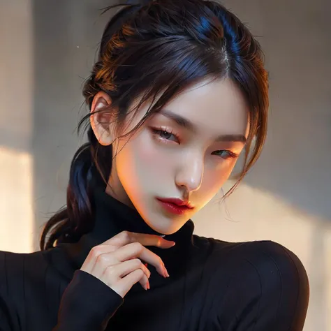 (RAW photo, highest quality, absurdres, SIGMA 85mm f1.4), (extreme close-up of a beautiful lady, she is in love with viewer, seductive, intimate), warm lighting, cool lighting, impressive mixture of color lighting, looking at viewer, black turtleneck, (love :1.2), smile, hand on her face, blurred background, french braid ponytail, masterful use of lighting and shadows, professional lighting <lora:OC:0.15> <lora:liuli3-000005_0.5_EXCEPTFACE+liuli2_0.3:0.4> <lora:epi_noiseoffset2:1> <lora:detailed_eye:0.3>